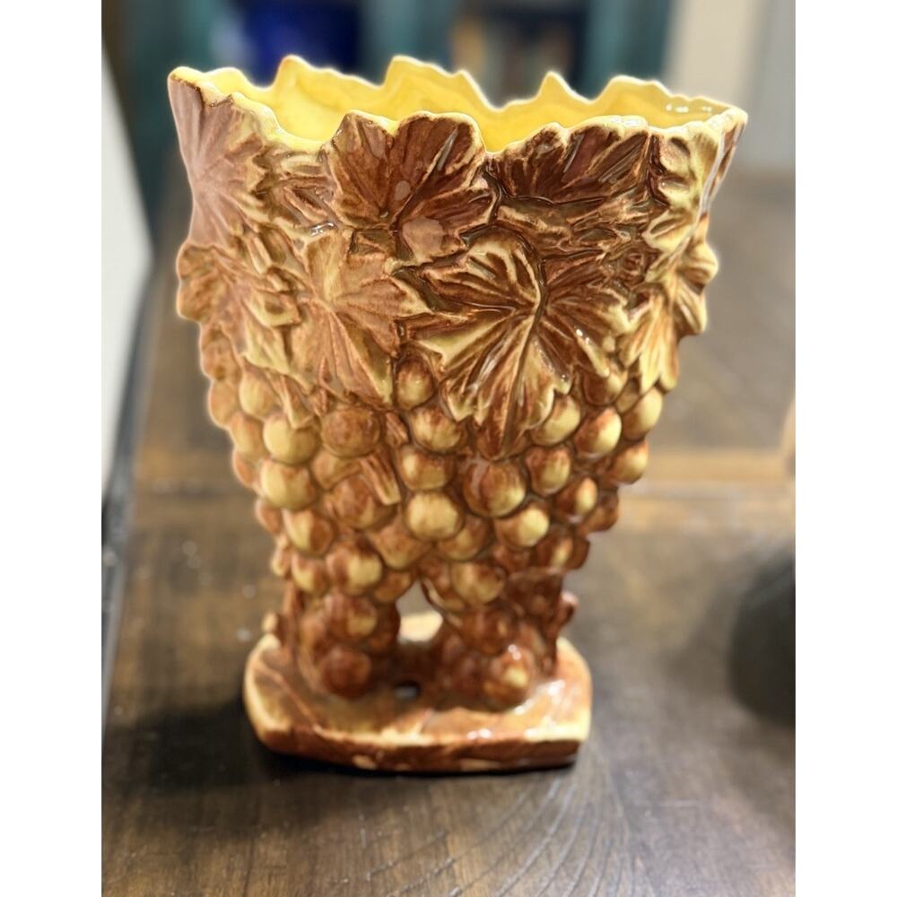 Vintage McCoy Pottery Grape Cluster Planter Vase 9.5” Majolica Style Leaves
